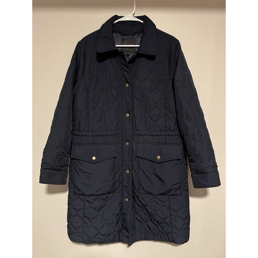 Talbots Sz L Long Coat Barn Jacket Snap Front Big Pockets Quilted Navy Blue